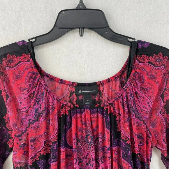 INC International Concepts Top Womens S Red Black Floral Paisley Studded Mesh - Picture 6 of 9